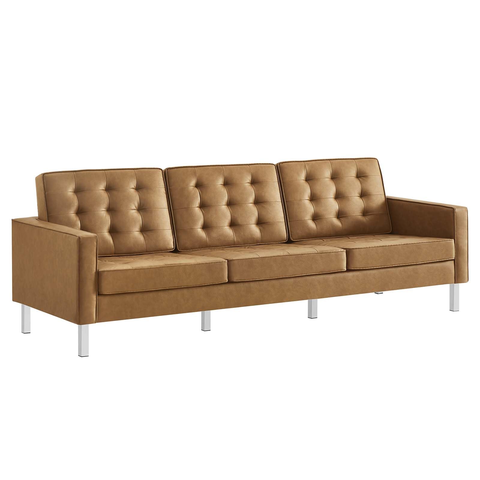 Modway Loft Tufted Button Faux Leather Upholstered Sofa In Silver Tan